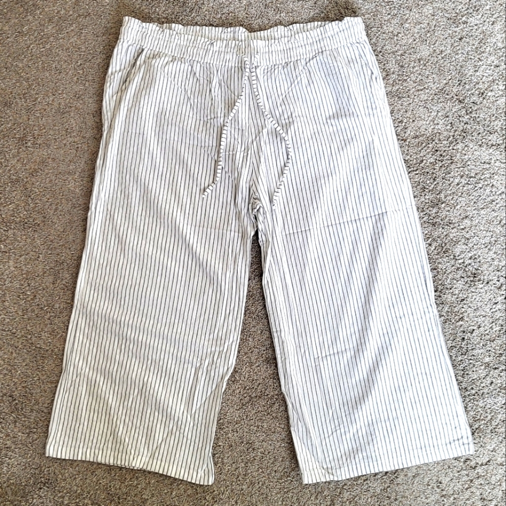 Linen Cotton White Striped Wide Leg 4XL Plus Size Spring Pants Elastic Waist